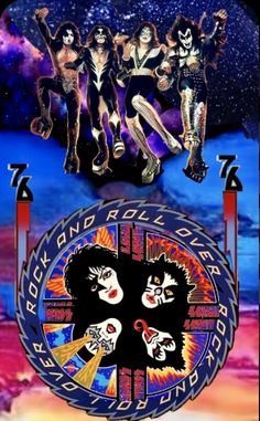 the poster for kiss's rock and roll band is shown in front of an image of