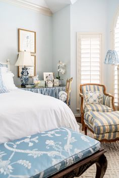 a bedroom with blue and white decor in it