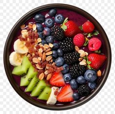 a bowl filled with fruit and nuts on top of a white table transparent background png