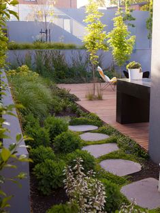 an outdoor garden with stepping stones and plants