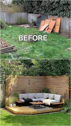 the before and after pictures of an outdoor living area in a back yard with grass