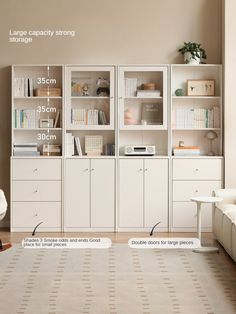 a living room filled with white furniture and bookshelves