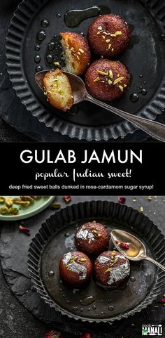 gulab jamun with powdered sugar on top and spoon in the middle sitting on a black plate