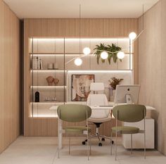 two green chairs sitting in front of a white desk