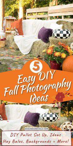 an outdoor fall photo with hay bales and pumpkins