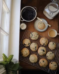 blueberry muffins cooling on a wire rack next to a cup of tea