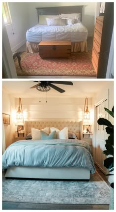 two pictures of a bedroom with a bed, ceiling fan and rug in the same room