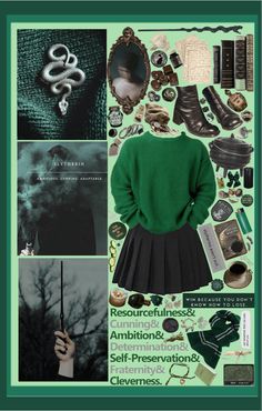 a collage of green and black items including shoes, sweaters, scarves