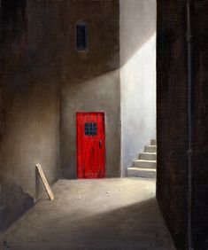 a painting of a red door in an empty room with steps leading up to it