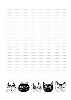 five black cats lined up in a row on top of a white sheet of paper