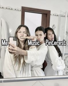 three girls brushing their teeth in front of a mirror with the words me music pinterest