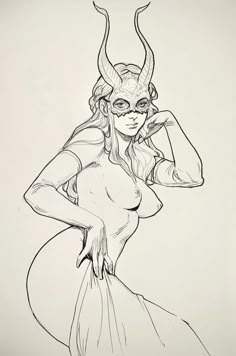 a drawing of a woman with horns on her head