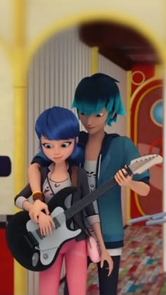 an animated image of two people holding guitars