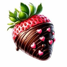 a chocolate covered strawberry with hearts on it's side and green leaves sticking out of the top