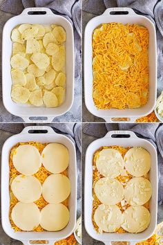 four images showing the steps to make baked potato casserole with cheese and tortilla shells