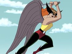 an animated image of a woman flying through the air with wings on her head and hands behind her back