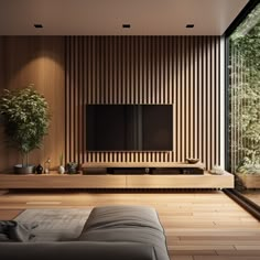 a modern living room with wood paneling and a flat screen tv on the wall