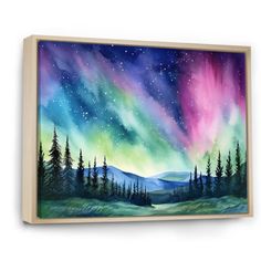 an aurora bore painting on the wall above a forest with trees and stars in the sky