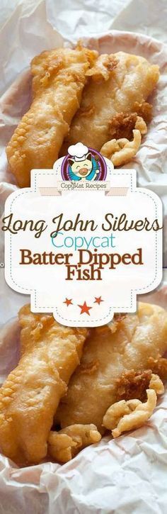 two pieces of food sitting on top of white wax paper with the words long john silvers over it