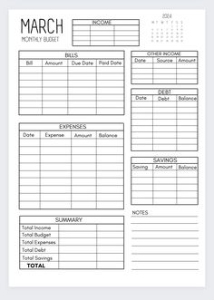 a printable march budget sheet with the date and time for each month on it