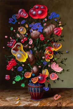 a painting of flowers in a vase on a table with confetti falling from it