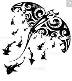 a black and white drawing of birds flying in the sky with swirls on it