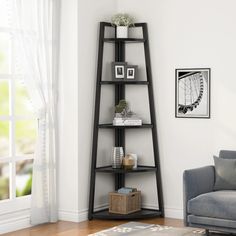 a corner shelf in the corner of a living room next to a couch and window