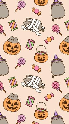 a halloween themed wallpaper with candy, candies and pumpkins on pink background