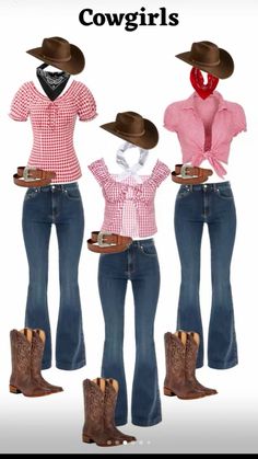 three women wearing cowboy hats and jeans with the words cowgirls written on them