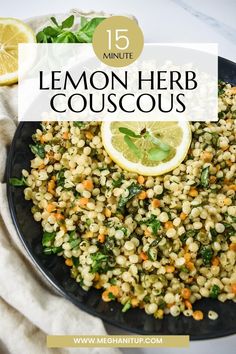 lemon herb couscous on a black plate