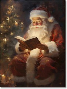 a painting of santa reading a book in front of a christmas tree with lights on it