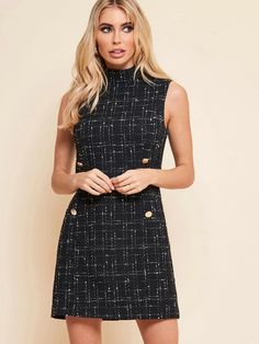 Double Breasted Sleeveless Tweed Dress | SHEIN EUR Split Skirt Outfit, Tweed Fashion, Stand Collar Dress, Fashion 2020, Comfortable Dress, Dress Code, Sleeves Pattern, Buy Dress