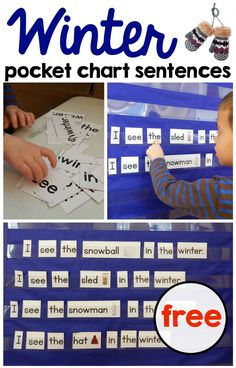 the winter pocket chart sentence is shown in three different pictures