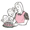 a woman holding a cake with three children on it