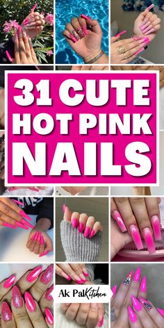 Cute Hot Pink Nails, Nails Ombre Pink, Hot Pink Nail Art, Hot Pink Nail Designs, Glitter Pink Nails, Nail Designs Hot Pink, Hot Pink Nail, Pink Nail Ideas, Pastel Pink Nails