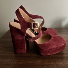 Beautiful Wine Red Suede Heel. Never Worn! I Ordered These Online And When They Arrived The Heel Was A Little Too Tall For Me So They Were Never Worn Out Of The House. Dark Red High Heels, Red Heels With Buckle Closure, Burgundy Platform Heels, Burgundy Synthetic High Heels, Burgundy Fitted Heels With 4-inch Heel, Red Suede Heels, Red Suede Ankle-high Heels, Black Patent Leather Pumps, Colorful Heels