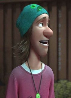 a cartoon character wearing a green beanie and pink shirt with an evil grin on it's face