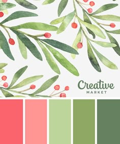 the color palette is green, red and pink with berries on it's branches