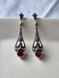 Victorian Dangle Earrings Sterling Silver Marcasite Red Glass 925 Romantic Gothic Dark Academia Speakeasy Filigree Christmas Earrings - Etsy Gothic Dark Academia, Gothic Earrings, Sterling Silver Marcasite, Red Jewelry, Filigree Earrings, Funky Jewelry, Red Earrings, Jewelry Lookbook, Dessin Adorable