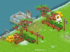 an image of a farm with flowers and trees