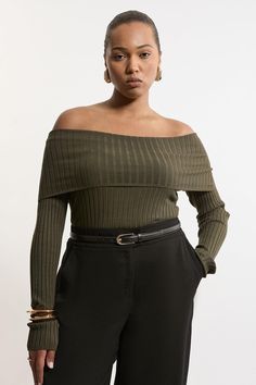 Elevate Your Every Day Wardrobe With A Plus Size Knit Jumper, Which Features A Bodycon Fit That Highlights The Curves, And A Statement, Foldover Bardot Neckline Which Elevates The Formality. Style It With Tailored Trousers Or Jeans And Strappy Heels For A Day To Night Look That Is Guaranteed To Turn Heads Wherever You Step. Plus Size Viscose Blend Bardot Knit Jumper High Quality, Soft Knit Fabric Formal Bardot Neckline Fold Over Accent Long Sleeves Bodycon Silhouette Subtle Stripe Detailing Expe Plus Size Workwear, Bardot Neckline, Long Sleeve Bodycon, Look Stylish, Shop Mens Clothing, Guest Outfit, A Plus, Karen Millen, Tailored Trousers