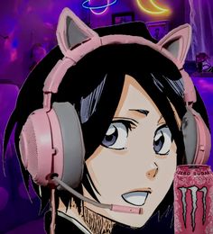 an anime character wearing headphones and holding a drink in front of her face with the words monster cats on it