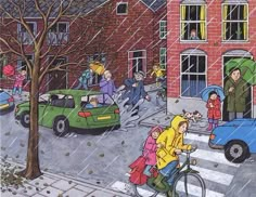 a drawing of people crossing the street in the rain