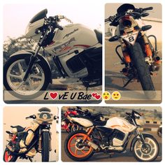 three pictures of motorcycles with hearts on the front and back, one has an emoticive message that says love u b e