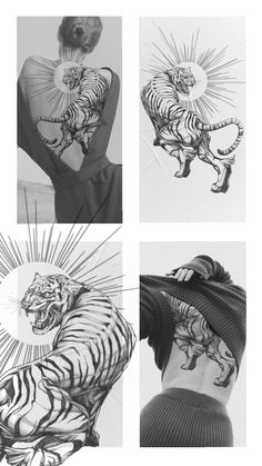 black and white photographs of woman with tiger tattoo on her back, from top to bottom