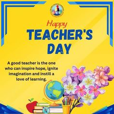 a teacher's day card with flowers and books