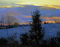 a painting of the sun setting over a snowy field with trees in the foreground