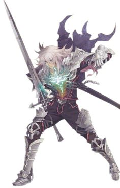 an anime character holding two swords in one hand and wearing armor on the other side