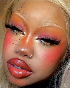 Orange Face Makeup, Black Women Colorful Makeup, Bold Cheek Makeup, Valentines Inspired Makeup, Cheek Makeup Art, Orange Makeup Aesthetic, Digital Face Art, Colorful Eyeshadow Looks, Orange Eye Makeup