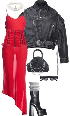 Versace Platforms Outfit, Outfits With Versace Platforms, Medusa Platform Versace Outfit, Red Dress Versace, Versace Leather Dress, Punk 90s, Outfit Ideas For Party, Belt Chain